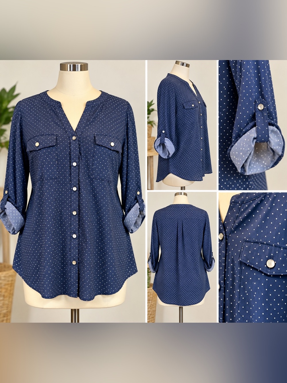 Notations XL Navy Blue & White Polka Dot Button-Up Blouse